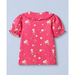 Pine Kids 100% Cotton Knit Top with Half, Puffed Sleeve and Floral Print in Pink