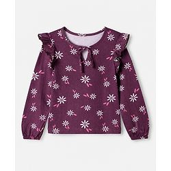 Pine Kids 100% Cotton Knit Top with Full Sleeves and Floral Print in Plum for 4-5 Years