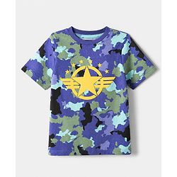 Pine Kids 100% Cotton Bio Washed Single Jersey 180 GSM Knit Half Sleeves T-Shirt & Pyjama Night Suit with Camouflage Print - Blue