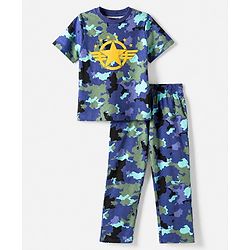 Pine Kids 100% Cotton Bio Washed Single Jersey 180 GSM Knit Half Sleeves T-Shirt & Pyjama Night Suit with Camouflage Print - Blue