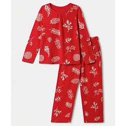 Pine Kids 100% Cotton Bio Washed Single Jersey 180 GSM Knit Full Sleeves Co-Ords Top & Pyjama Night Suit with Tropical Print - Red