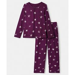 Pine Kids 100% Cotton Knit Co-ord T-Shirt & Pyjama Night Suit with Star Print in Wine