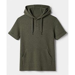 Pine Kids Cotton Knit Hoodie T-Shirt with Half Sleeves in Olive Green