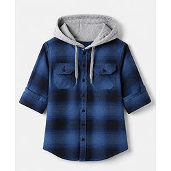 Pine Kids 100% Cotton Woven Hooded Checked Shirt with Full Sleeves - Blue