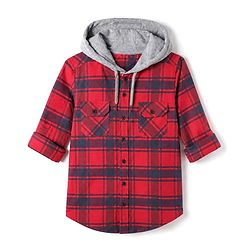 Pine Kids 100% Cotton Woven Hooded Shirts with Full Sleeves and Tartan Checks Print in Red
