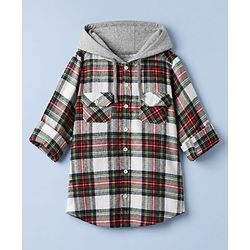 Pine Kids 100% Cotton Woven Full-Sleeves Checked Shirt With Hoodie - Red