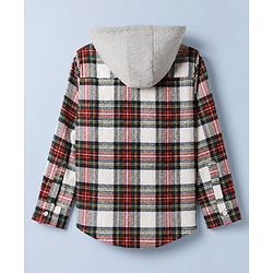 Pine Kids 100% Cotton Woven Full-Sleeves Checked Shirt With Hoodie - Red