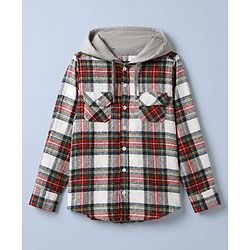 Pine Kids 100% Cotton Woven Full-Sleeves Checked Shirt With Hoodie - Red