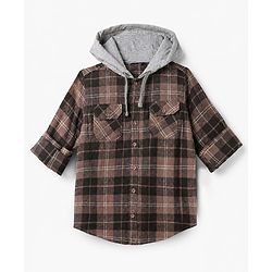 Pine Kids 100% Cotton Woven Hooded Shirts with Full Sleeves and Tartan Checks Print in Brown for 4-5 Years