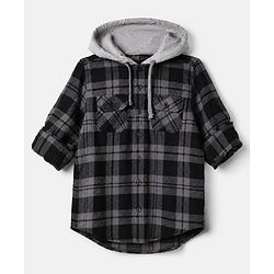Pine Kids 100% Cotton Woven Hooded Shirts with Full Sleeves and Buffalo Checks Print in Grey