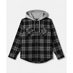 Pine Kids 100% Cotton Woven Hooded Shirts with Full Sleeves and Buffalo Checks Print in Grey