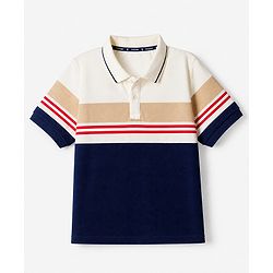 Pine Kids Knit Polo T-Shirt with Half Sleeves and Striped Print in Navy Blue