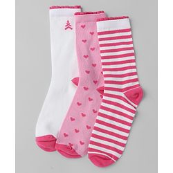Pine Kids Cotton Knit Mid Calf Length Stripes Socks With Heart Design Pack Of 3 -Pink & White