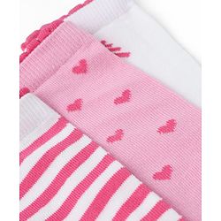 Pine Kids Cotton Knit Mid Calf Length Stripes Socks With Heart Design Pack Of 3 -Pink & White