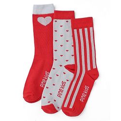 Pine Kids Cotton Knit Mid Calf Length Striped Socks With Heart Design Pack Of 3 -Red