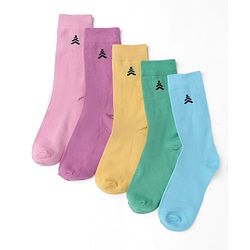 Pine Kids Cotton Knit Mid Calf Length Solid Socks Pack Of 5 - Blue Green Yellow Purple & Plum