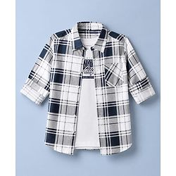 Pine Kids 100% Cotton Woven Full Sleeves Tartan Plaid Checks Shirt With Text Printed Tank Tee - White