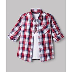 Pine Kids 100% Cotton Woven Full Sleeves Tartan Checks Shirt and Tank Top with Street Competition Print - Red