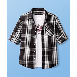 Pine Kids 100% Cotton Woven Full Sleeves Checks Shirt and Tank Top in Black