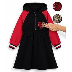 Pine Kids 100% Cotton Knit Winter Frock with Full Raglan Sleeves, Hooded Neck and Heart Sequins in Black
