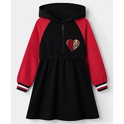 Pine Kids 100% Cotton Knit Winter Frock with Full Raglan Sleeves, Hooded Neck and Heart Sequins in Black
