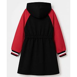 Pine Kids 100% Cotton Knit Winter Frock with Full Raglan Sleeves, Hooded Neck and Heart Sequins in Black