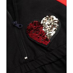 Pine Kids 100% Cotton Knit Winter Frock with Full Raglan Sleeves, Hooded Neck and Heart Sequins in Black