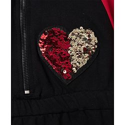 Pine Kids 100% Cotton Knit Winter Frock with Full Raglan Sleeves, Hooded Neck and Heart Sequins in Black