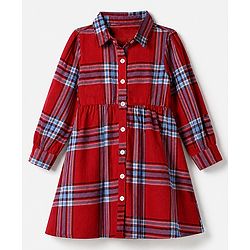 Pine Kids 100% Cotton Woven Knee Length Frock with Full Sleeves and Tartan Plaid Print in Red