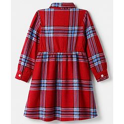 Pine Kids 100% Cotton Woven Knee Length Frock with Full Sleeves and Tartan Plaid Print in Red