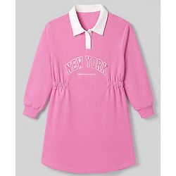 Pine Kids Cotton Knit Winter Dress with Full Sleeves and New York Print in Pink for 4-5 Years