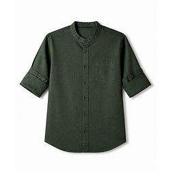 Pine Kids 100% Cotton Woven Solid Shirt with Full Sleeves in Olive Green
