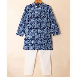 Pine Kids 100% Cotton Woven Full Sleeves Kurta & Pyjama Set with Paisley Print in Navy Blue
