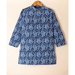 Pine Kids 100% Cotton Woven Full Sleeves Kurta & Pyjama Set with Paisley Print in Navy Blue