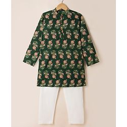Pine Kids 100% Cotton Woven Full Sleeves Kurta Pyjama Set with Floral Print in Dark Green for 4-5 Years