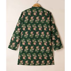 Pine Kids 100% Cotton Woven Full Sleeves Kurta Pyjama Set with Floral Print in Dark Green for 4-5 Years