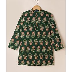 Pine Kids 100% Cotton Woven Full Sleeves Kurta Pyjama Set with Floral Print in Dark Green for 4-5 Years