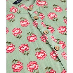 Pine Kids 100% Cotton Woven Full Sleeves Kurta Pyjama Set with Full Length and Floral Print in Mint