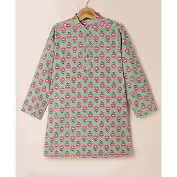 Pine Kids 100% Cotton Woven Full Sleeves Kurta Pyjama Set with Full Length and Floral Print in Mint
