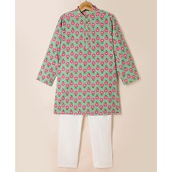 Pine Kids 100% Cotton Woven Full Sleeves Kurta Pyjama Set with Full Length and Floral Print in Mint