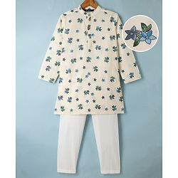 Pine Kids 100% Cotton Woven Full Sleeves Kurta and Pyjama with Full Length and Floral Print in White for 4-5 Years