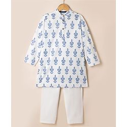 Pine Kids 100% Cotton Woven Full Sleeves Kurta Pyjama Set with Floral Print in Light/Sky Blue for 4-5 Years