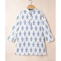 Pine Kids 100% Cotton Woven Full Sleeves Kurta Pyjama Set with Floral Print in Light/Sky Blue for 4-5 Years