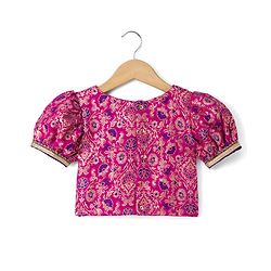 Pine Kids Woven Half Sleeves Lehenga Choli with Dupatta and Floral Damask Print in Pink