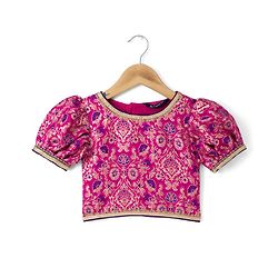 Pine Kids Woven Half Sleeves Lehenga Choli with Dupatta and Floral Damask Print in Pink
