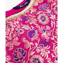 Pine Kids Woven Half Sleeves Lehenga Choli with Dupatta and Floral Damask Print in Pink