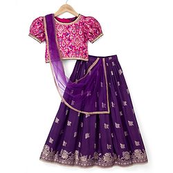 Pine Kids Woven Half Sleeves Lehenga Choli with Dupatta and Floral Damask Print in Pink