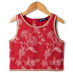 Pine Kids Woven Lehenga Choli and Dupatta with Sleeveless, Full Length and Floral Print in Red