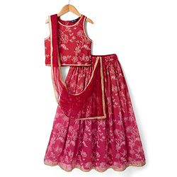 Pine Kids Woven Lehenga Choli and Dupatta with Sleeveless, Full Length and Floral Print in Red