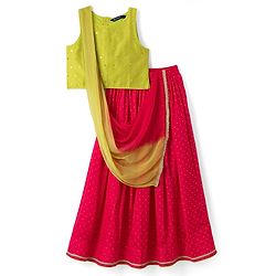Pine Kids Woven Choli and Lehenga with Dupatta and Full Length and Foil Print in Light Green for 4-5 Years
